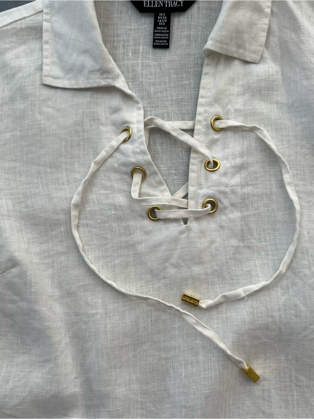 Ellen Tracy White 100 Linen Lace Up V Neck Collared Blouse Top Womens Size Small - Picture 9 of 11